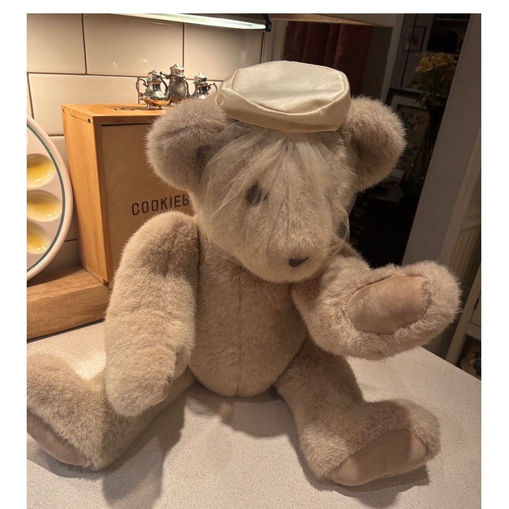 Vermont Teddy Bear Co Bride Bear 1991 Vintage Plush Tan White Veil Made in USA